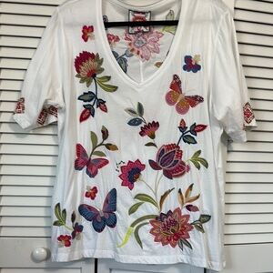 Johnny Was White and Pink Relaxed Graphic T-Shirt